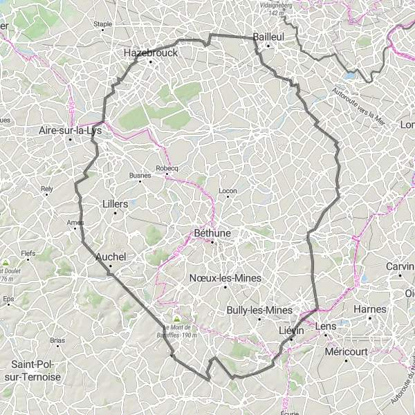 Map miniature of "Loop from Méteren to La Bassée" cycling inspiration in Nord-Pas de Calais, France. Generated by Tarmacs.app cycling route planner