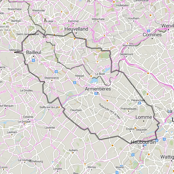 Miniature de la carte de l'inspiration cycliste "Le Circuit des Monts de Flandre" dans la Nord-Pas de Calais, France. Générée par le planificateur d'itinéraire cycliste Tarmacs.app