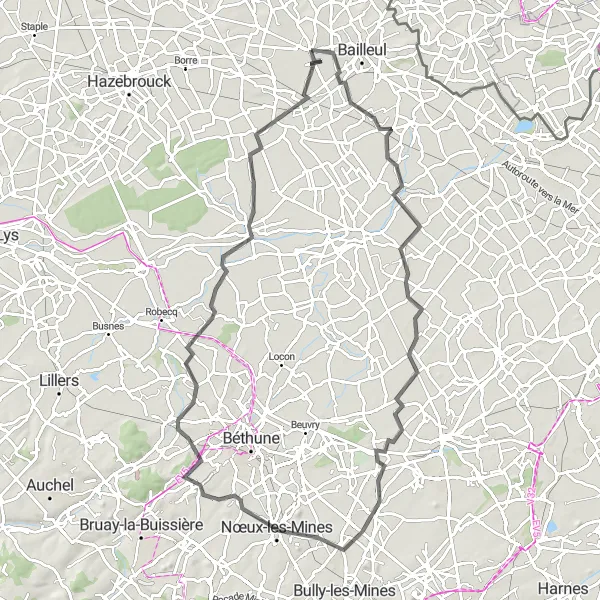 Miniature de la carte de l'inspiration cycliste "Route des Flandres" dans la Nord-Pas de Calais, France. Générée par le planificateur d'itinéraire cycliste Tarmacs.app