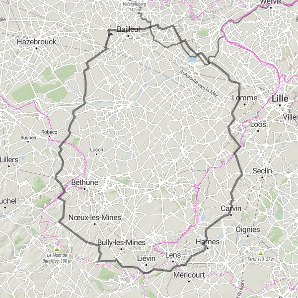 Map miniature of "Loop from Méteren to Ravensberg and Aix-Noulette" cycling inspiration in Nord-Pas de Calais, France. Generated by Tarmacs.app cycling route planner