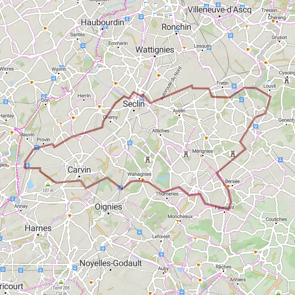 Miniature de la carte de l'inspiration cycliste "Parcours VTT entre Seclin et Carvin" dans la Nord-Pas de Calais, France. Générée par le planificateur d'itinéraire cycliste Tarmacs.app