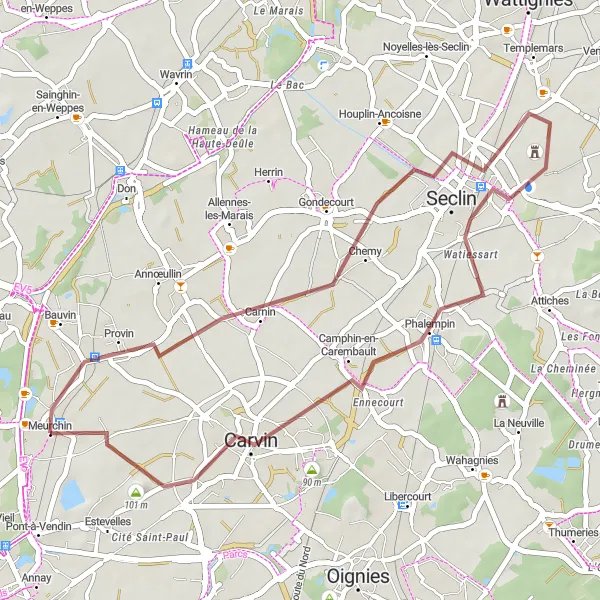 Map miniature of "Phalempin Gravel Loop" cycling inspiration in Nord-Pas de Calais, France. Generated by Tarmacs.app cycling route planner