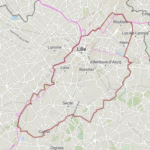 Miniature de la carte de l'inspiration cycliste "Circuit autour de Meurchin" dans la Nord-Pas de Calais, France. Générée par le planificateur d'itinéraire cycliste Tarmacs.app