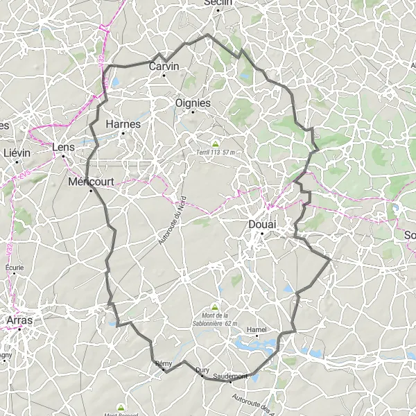 Map miniature of "Meurchin - Carvin - La Neuville - Râches - Cantin - Boiry-Notre-Dame - Loison-sous-Lens" cycling inspiration in Nord-Pas de Calais, France. Generated by Tarmacs.app cycling route planner