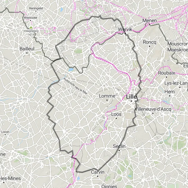 Miniature de la carte de l'inspiration cycliste "La Boucle des Châteaux" dans la Nord-Pas de Calais, France. Générée par le planificateur d'itinéraire cycliste Tarmacs.app