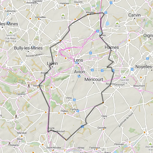 Map miniature of "Fouquières-lès-Lens Circuit" cycling inspiration in Nord-Pas de Calais, France. Generated by Tarmacs.app cycling route planner