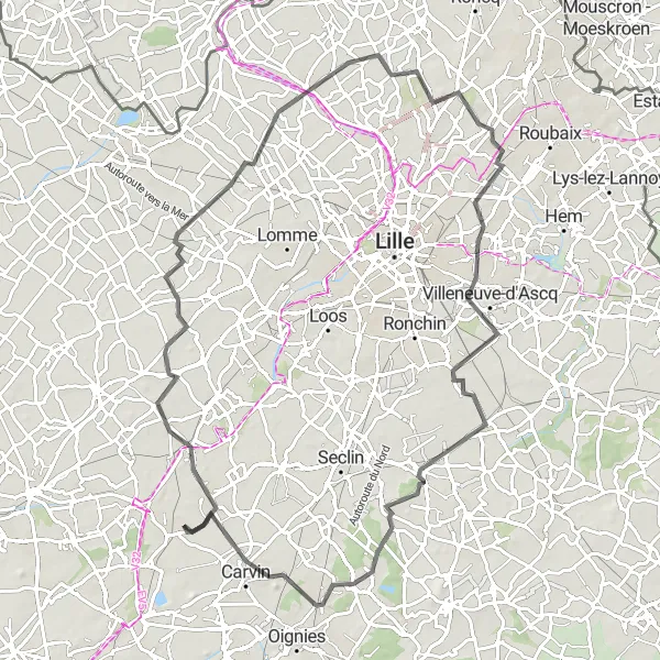 Map miniature of "Meurchin - Beaucamps-Ligny - Quesnoy-sur-Deûle - Bondues - Wasquehal - Villeneuve-d'Ascq - Libercourt" cycling inspiration in Nord-Pas de Calais, France. Generated by Tarmacs.app cycling route planner