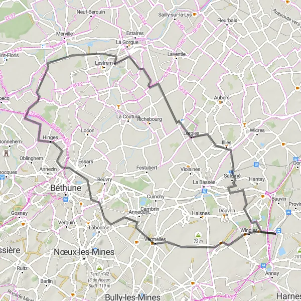 Map miniature of "Vermelles to Salomé Loop" cycling inspiration in Nord-Pas de Calais, France. Generated by Tarmacs.app cycling route planner