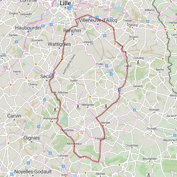 Miniature de la carte de l'inspiration cycliste "La Boucle des Villages du Nord" dans la Nord-Pas de Calais, France. Générée par le planificateur d'itinéraire cycliste Tarmacs.app
