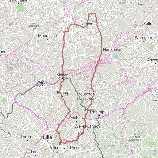 Map miniature of "Gravel Tour through the Heritage of Nord-Pas de Calais" cycling inspiration in Nord-Pas de Calais, France. Generated by Tarmacs.app cycling route planner