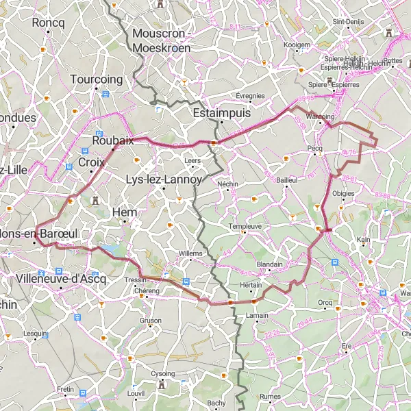Map miniature of "The Rural Roubaix Gravel Route" cycling inspiration in Nord-Pas de Calais, France. Generated by Tarmacs.app cycling route planner