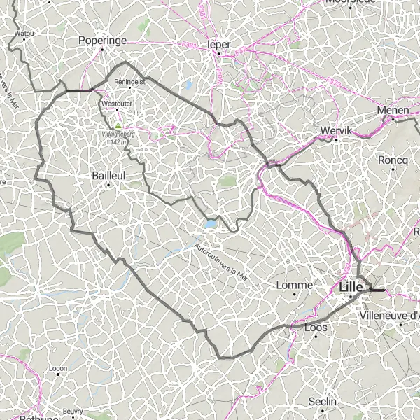 Miniature de la carte de l'inspiration cycliste "Le tour des collines nordiques" dans la Nord-Pas de Calais, France. Générée par le planificateur d'itinéraire cycliste Tarmacs.app