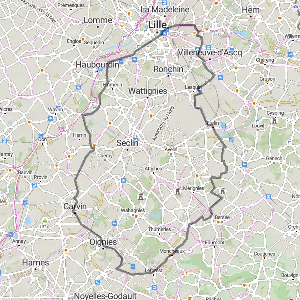 Map miniature of "The Mons-en-Pévèle Road Challenge" cycling inspiration in Nord-Pas de Calais, France. Generated by Tarmacs.app cycling route planner