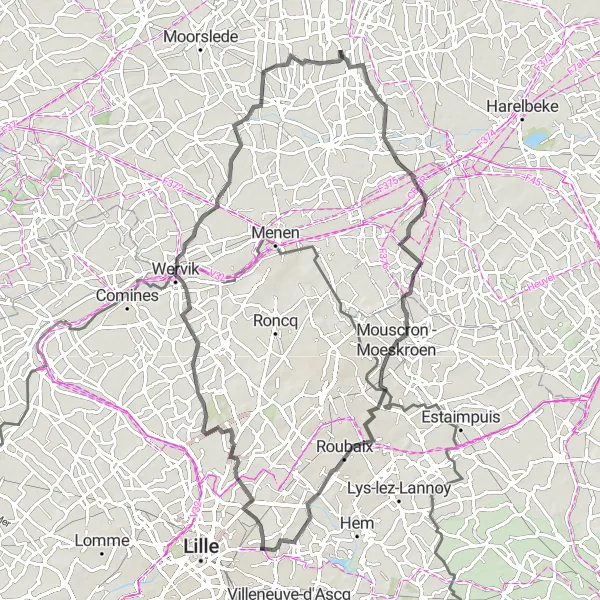 Miniature de la carte de l'inspiration cycliste "Les Chemins de la Frontière" dans la Nord-Pas de Calais, France. Générée par le planificateur d'itinéraire cycliste Tarmacs.app