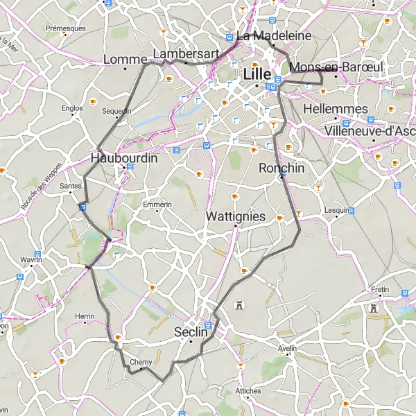 Miniature de la carte de l'inspiration cycliste "Boucle de Faches-Thumesnil à Mons-en-Barœul" dans la Nord-Pas de Calais, France. Générée par le planificateur d'itinéraire cycliste Tarmacs.app