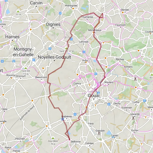 Miniature de la carte de l'inspiration cycliste "Les chemins de gravel" dans la Nord-Pas de Calais, France. Générée par le planificateur d'itinéraire cycliste Tarmacs.app