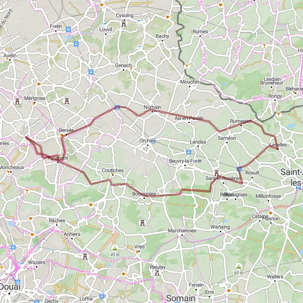 Map miniature of "Experience the Beautiful Landscapes of Aix-en-Pévèle" cycling inspiration in Nord-Pas de Calais, France. Generated by Tarmacs.app cycling route planner