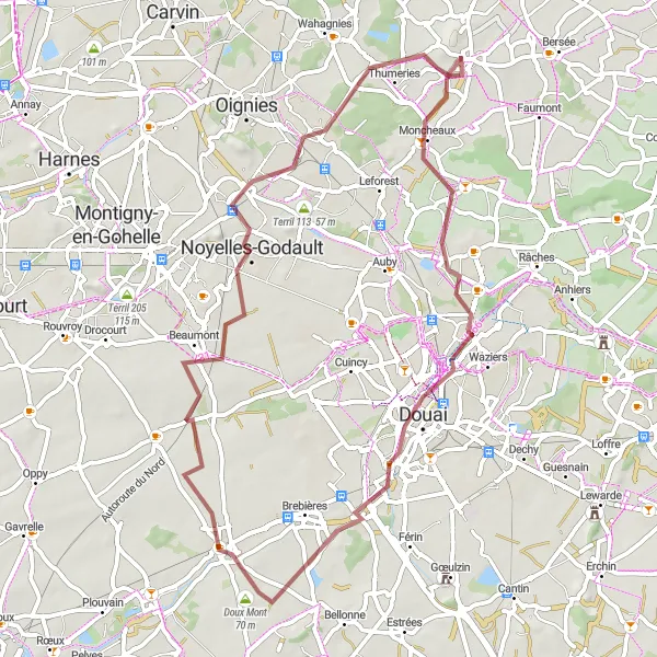Miniature de la carte de l'inspiration cycliste "Parcours gravel de Mont Georges" dans la Nord-Pas de Calais, France. Générée par le planificateur d'itinéraire cycliste Tarmacs.app