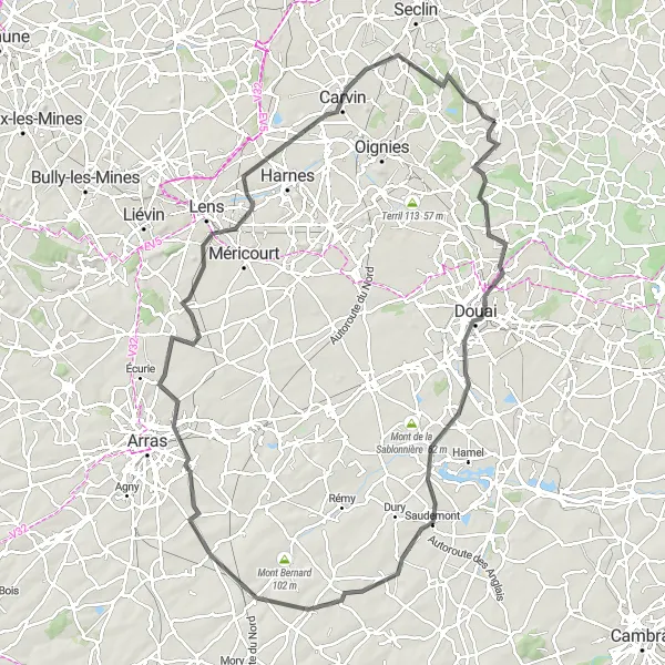 Map miniature of "The Mons-en-Pévèle Challenge" cycling inspiration in Nord-Pas de Calais, France. Generated by Tarmacs.app cycling route planner