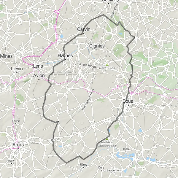 Miniature de la carte de l'inspiration cycliste "Tour de Douai" dans la Nord-Pas de Calais, France. Générée par le planificateur d'itinéraire cycliste Tarmacs.app