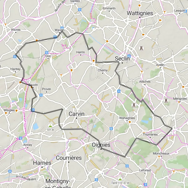 Miniature de la carte de l'inspiration cycliste "Boucle autour de Mons-en-Pévèle" dans la Nord-Pas de Calais, France. Générée par le planificateur d'itinéraire cycliste Tarmacs.app