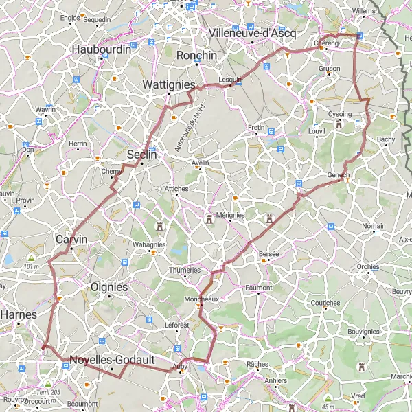 Miniature de la carte de l'inspiration cycliste "Les Collines Verdoyantes" dans la Nord-Pas de Calais, France. Générée par le planificateur d'itinéraire cycliste Tarmacs.app