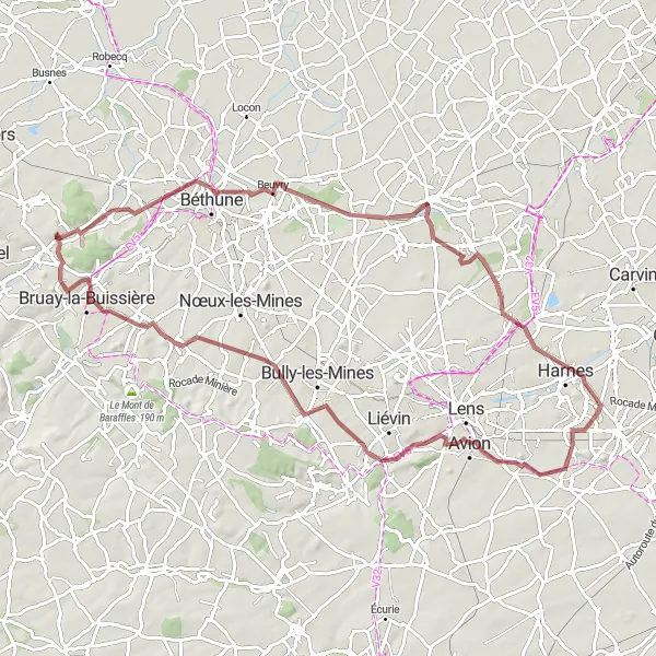 Map miniature of "Gravel Route: Billy-Montigny to Béthune" cycling inspiration in Nord-Pas de Calais, France. Generated by Tarmacs.app cycling route planner