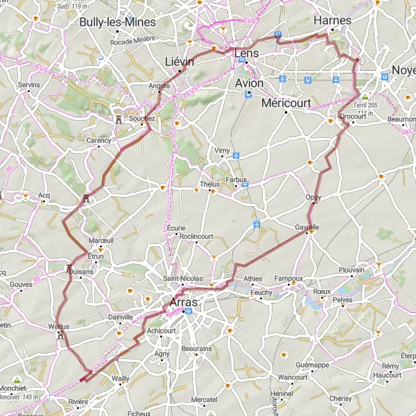 Map miniature of "The Terril Gravel Challenge" cycling inspiration in Nord-Pas de Calais, France. Generated by Tarmacs.app cycling route planner