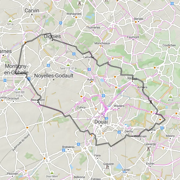 Map miniature of "The Courrières and Ostricourt Road Route" cycling inspiration in Nord-Pas de Calais, France. Generated by Tarmacs.app cycling route planner