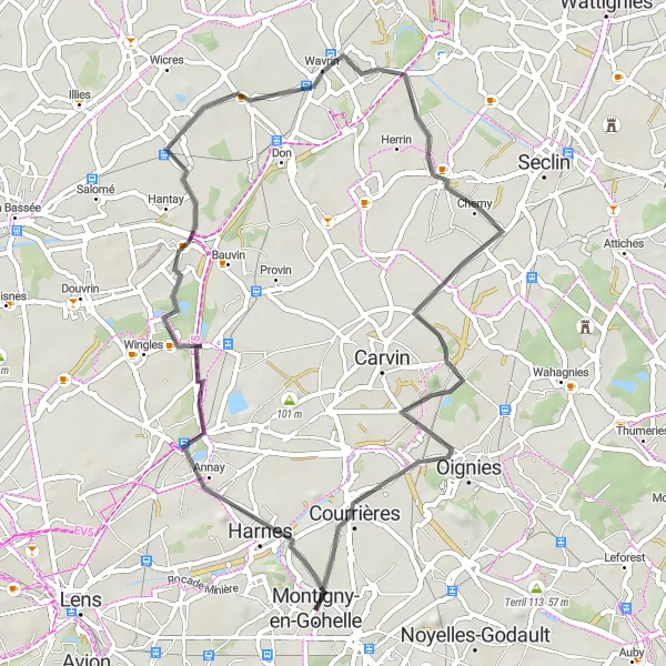 Map miniature of "The Terril Adventure in Wavrin" cycling inspiration in Nord-Pas de Calais, France. Generated by Tarmacs.app cycling route planner