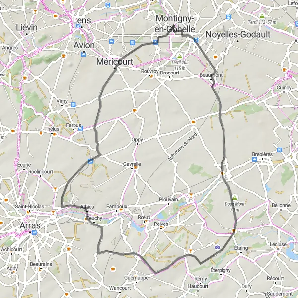 Map miniature of "The Terril 91 Loop" cycling inspiration in Nord-Pas de Calais, France. Generated by Tarmacs.app cycling route planner