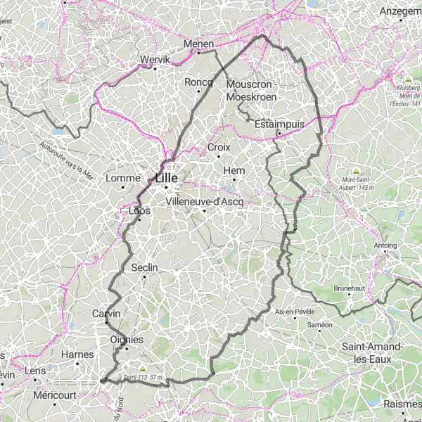 Map miniature of "The Dourges to Courcelles-lès-Lens Road Adventure" cycling inspiration in Nord-Pas de Calais, France. Generated by Tarmacs.app cycling route planner