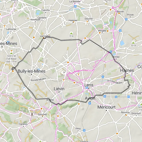 Map miniature of "The Hilltops and Valleys" cycling inspiration in Nord-Pas de Calais, France. Generated by Tarmacs.app cycling route planner