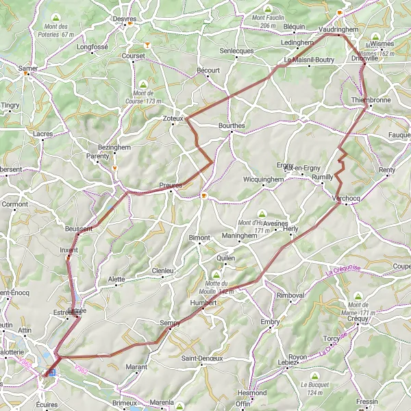 Map miniature of "Challenging gravel adventure to Beussent and Mont Aigu" cycling inspiration in Nord-Pas de Calais, France. Generated by Tarmacs.app cycling route planner