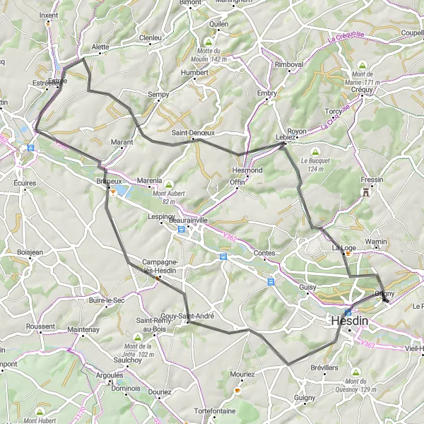 Map miniature of "Cycling around Montreuil and Mont Fayel" cycling inspiration in Nord-Pas de Calais, France. Generated by Tarmacs.app cycling route planner