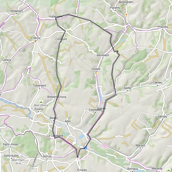 Map miniature of "The Calotterie Loop" cycling inspiration in Nord-Pas de Calais, France. Generated by Tarmacs.app cycling route planner