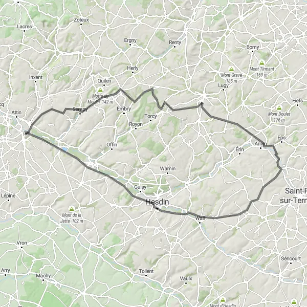 Map miniature of "The Hundred Kilometer Adventure" cycling inspiration in Nord-Pas de Calais, France. Generated by Tarmacs.app cycling route planner