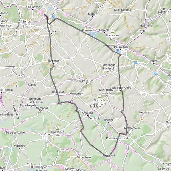 Miniature de la carte de l'inspiration cycliste "La Route des Villages du Ternois" dans la Nord-Pas de Calais, France. Générée par le planificateur d'itinéraire cycliste Tarmacs.app