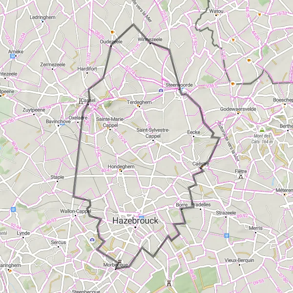 Miniature de la carte de l'inspiration cycliste "Balade à vélo autour de Oxelaëre" dans la Nord-Pas de Calais, France. Générée par le planificateur d'itinéraire cycliste Tarmacs.app