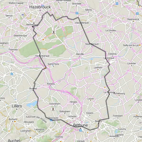Map miniature of "Villages and Cultural Heritage" cycling inspiration in Nord-Pas de Calais, France. Generated by Tarmacs.app cycling route planner