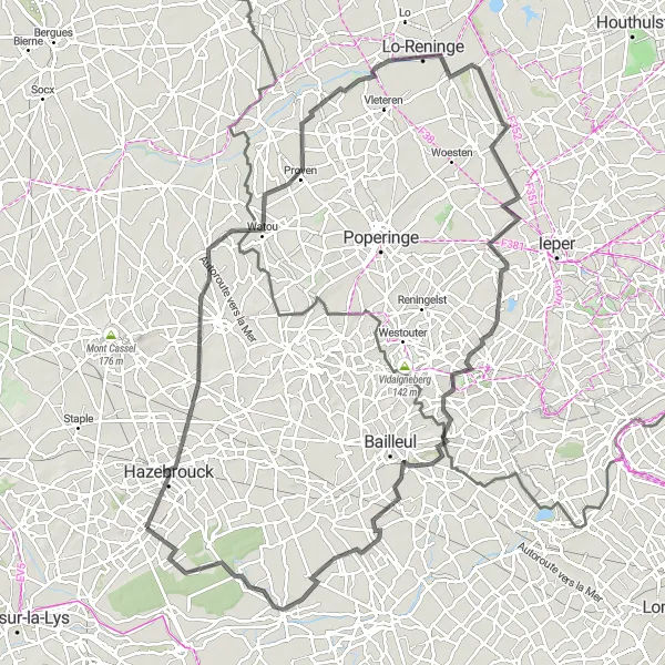 Map miniature of "Discover Hazebrouck and Flemish Countryside" cycling inspiration in Nord-Pas de Calais, France. Generated by Tarmacs.app cycling route planner