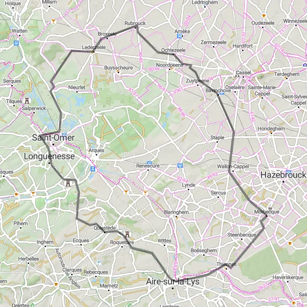 Map miniature of "Steenbecque and Monts de Flandre" cycling inspiration in Nord-Pas de Calais, France. Generated by Tarmacs.app cycling route planner