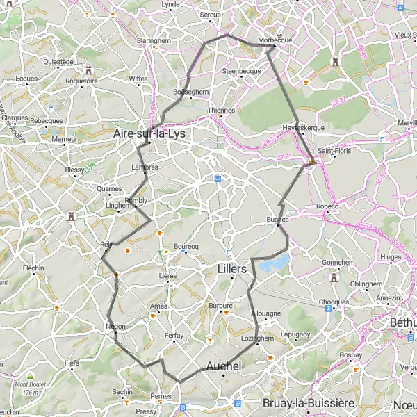 Miniature de la carte de l'inspiration cycliste "Les collines de Morbecque" dans la Nord-Pas de Calais, France. Générée par le planificateur d'itinéraire cycliste Tarmacs.app