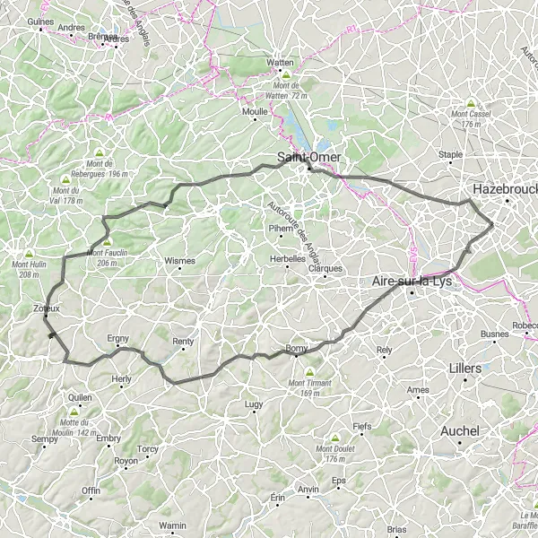 Map miniature of "Morbecque Circular Road Cycling Route" cycling inspiration in Nord-Pas de Calais, France. Generated by Tarmacs.app cycling route planner