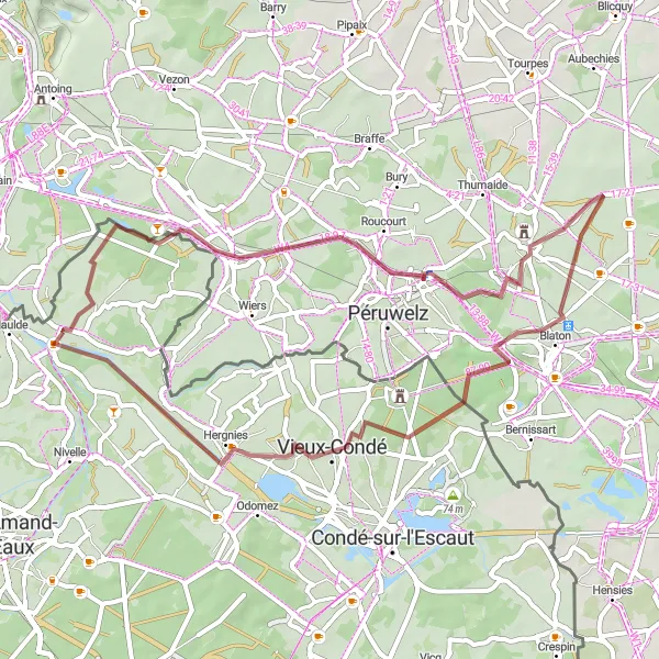 Miniature de la carte de l'inspiration cycliste "Circuit de Gravel à Mortagne-du-Nord" dans la Nord-Pas de Calais, France. Générée par le planificateur d'itinéraire cycliste Tarmacs.app