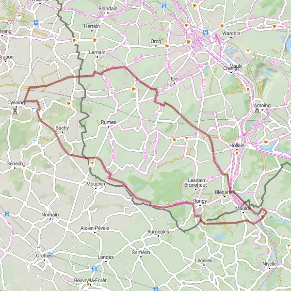 Map miniature of "The Hidden Gem Gravel Route" cycling inspiration in Nord-Pas de Calais, France. Generated by Tarmacs.app cycling route planner