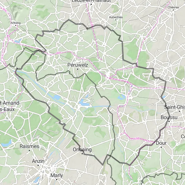 Miniature de la carte de l'inspiration cycliste "Les collines de Maubray" dans la Nord-Pas de Calais, France. Générée par le planificateur d'itinéraire cycliste Tarmacs.app