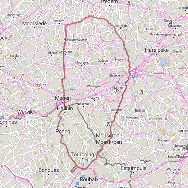 Map miniature of "Kortrijk Adventure Gravel Loop" cycling inspiration in Nord-Pas de Calais, France. Generated by Tarmacs.app cycling route planner