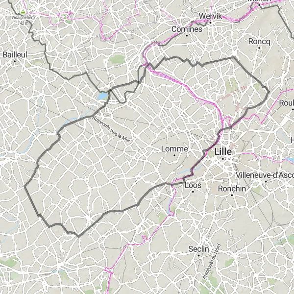 Miniature de la carte de l'inspiration cycliste "Les Chemins du Nord" dans la Nord-Pas de Calais, France. Générée par le planificateur d'itinéraire cycliste Tarmacs.app