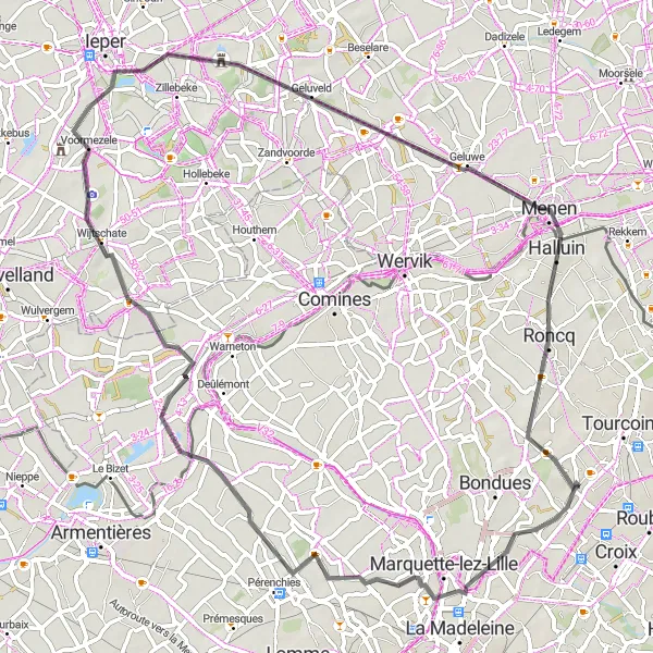 Map miniature of "Marcq-en-Barœul to Château du Vert-Bois" cycling inspiration in Nord-Pas de Calais, France. Generated by Tarmacs.app cycling route planner